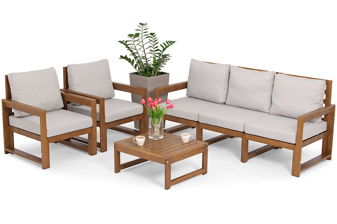Zestaw mebli ogrodowych Ritalous z trzyosobową sofą, dwoma fotelami i stolikiem kawowym drewniany brązowy/jasnoszary