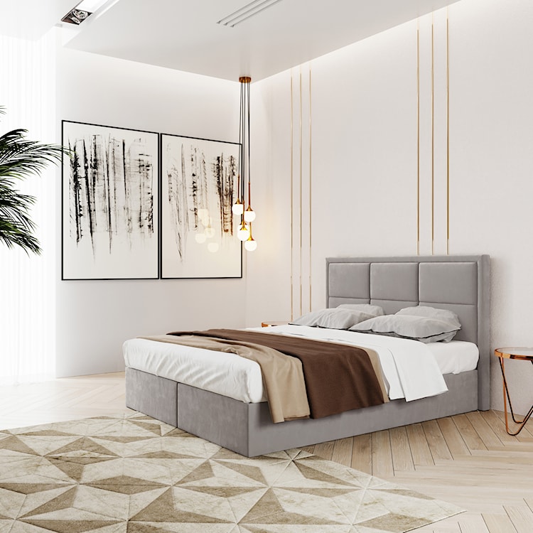 Łóżko kontynentalne 180x200 cm Rommano z materacem bonellowym i topperem szarobeżowe welur  - zdjęcie 2