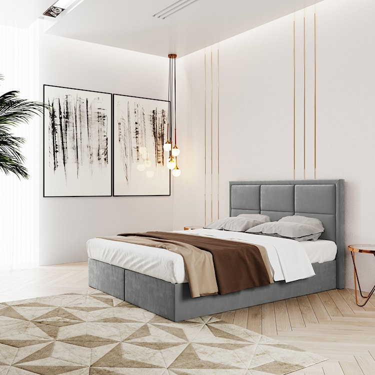 Łóżko kontynentalne 180x200 cm Rommano z materacem bonellowym i topperem szare welur  - zdjęcie 2