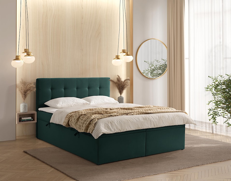Łóżko kontynentalne 160x200 cm Ronneo z pojemnikami i topperem zielone welur  - zdjęcie 2