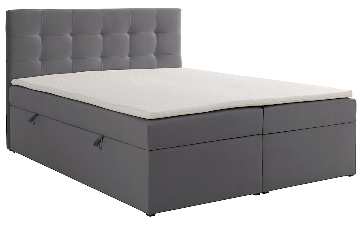 Łóżko kontynentalne 160x200 cm Ronneo z pojemnikami i topperem popielate welur