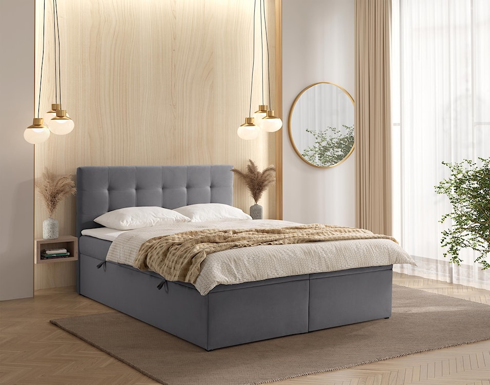 Łóżko kontynentalne 180x200 cm Ronneo z pojemnikami i topperem popielate welur  - zdjęcie 2