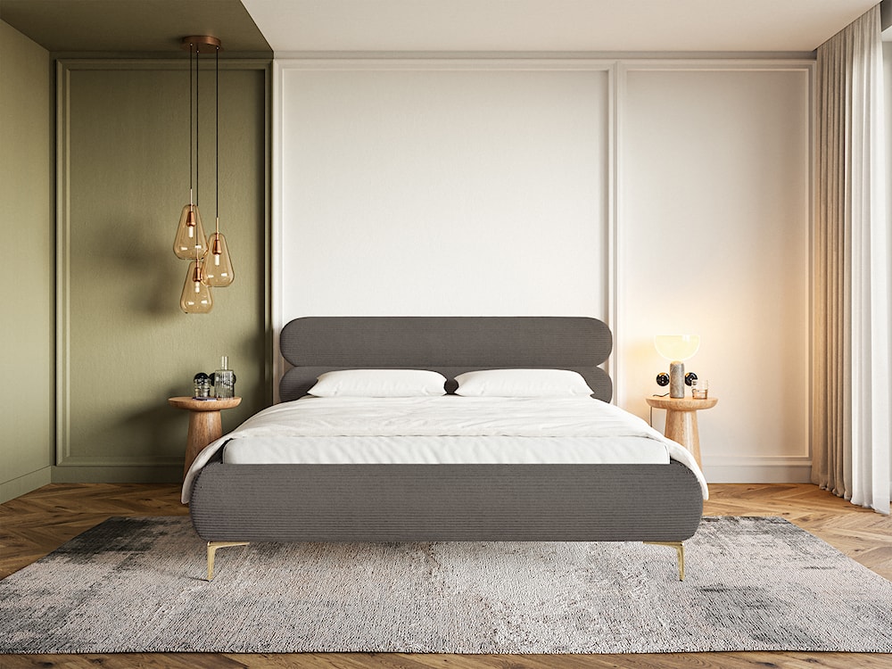 Łóżko tapicerowane 140x200 cm Roule Cord z pojemnikiem stelaż metalowy szare sztruks nóżki złote  - zdjęcie 3