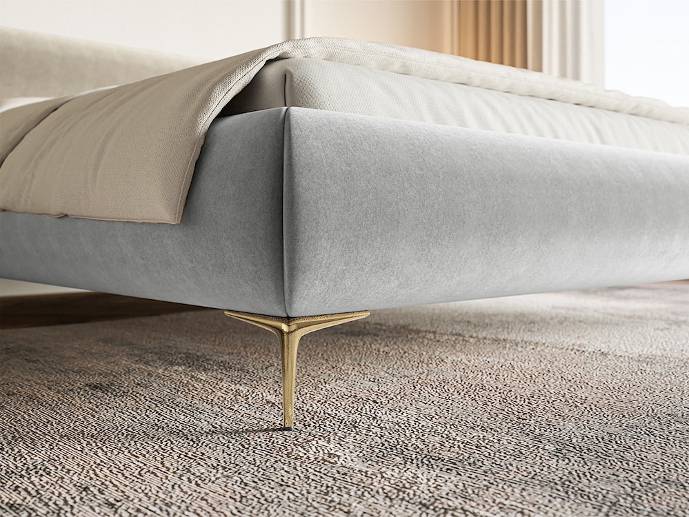 Łóżko tapicerowane 160x200 cm Roule z pojemnikiem stelaż metalowy jasnoszare welur hydrofobowy nóżki złote  - zdjęcie 4