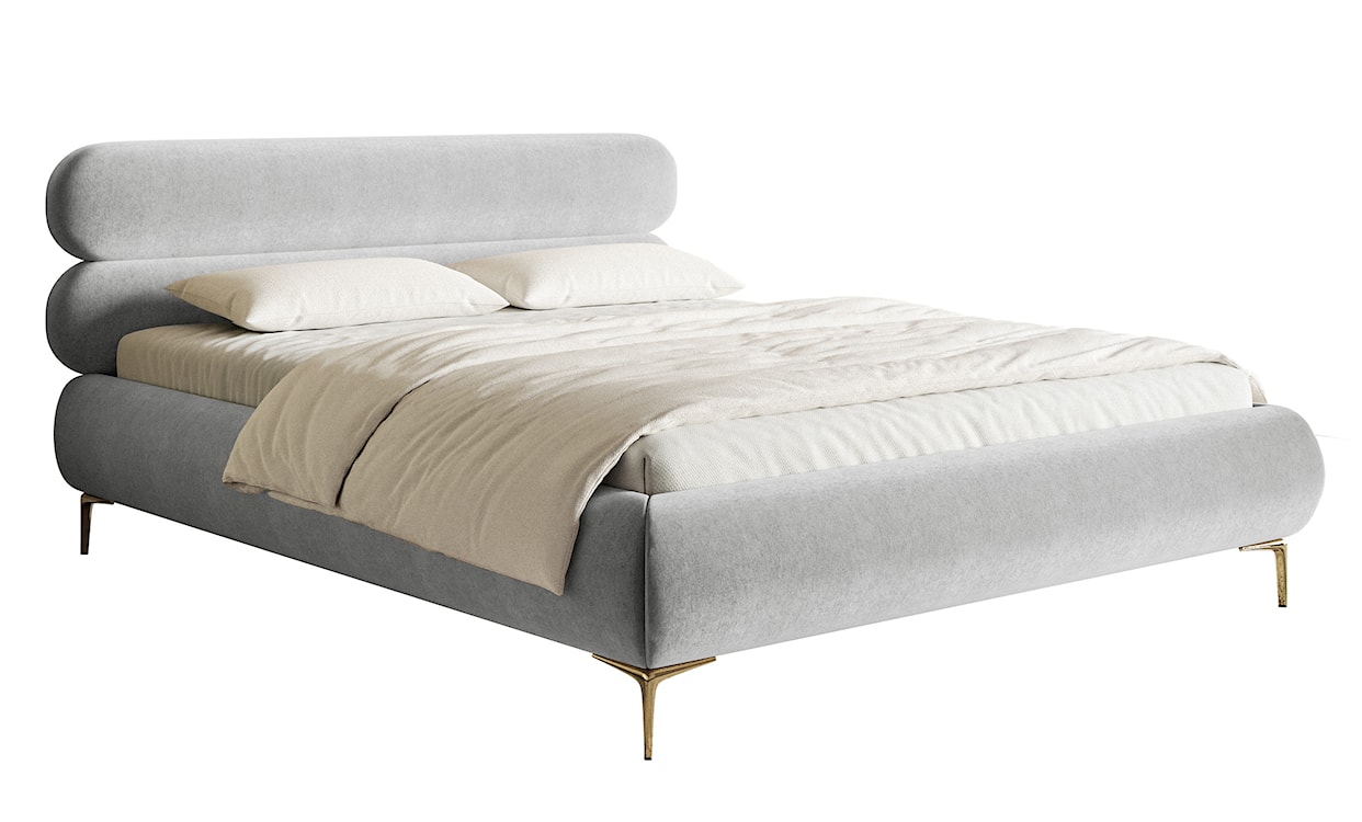 Łóżko tapicerowane 160x200 cm Roule z pojemnikiem stelaż metalowy jasnoszare welur hydrofobowy nóżki złote 