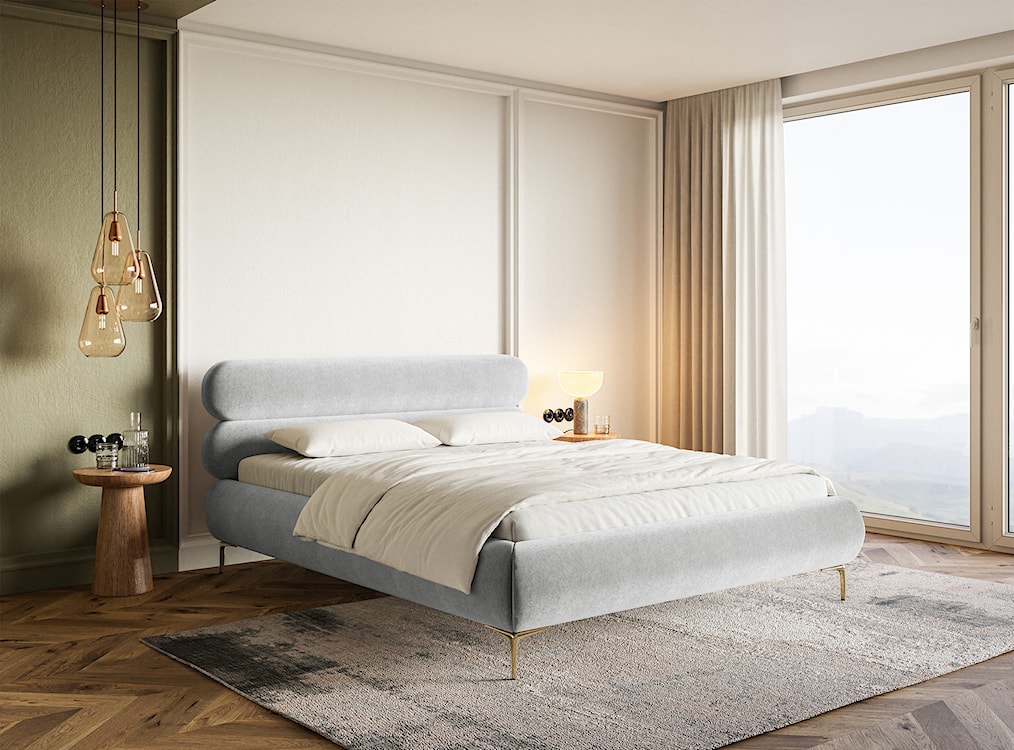 Łóżko tapicerowane 160x200 cm Roule jasnoszare welur hydrofobowy nóżki złote  - zdjęcie 3