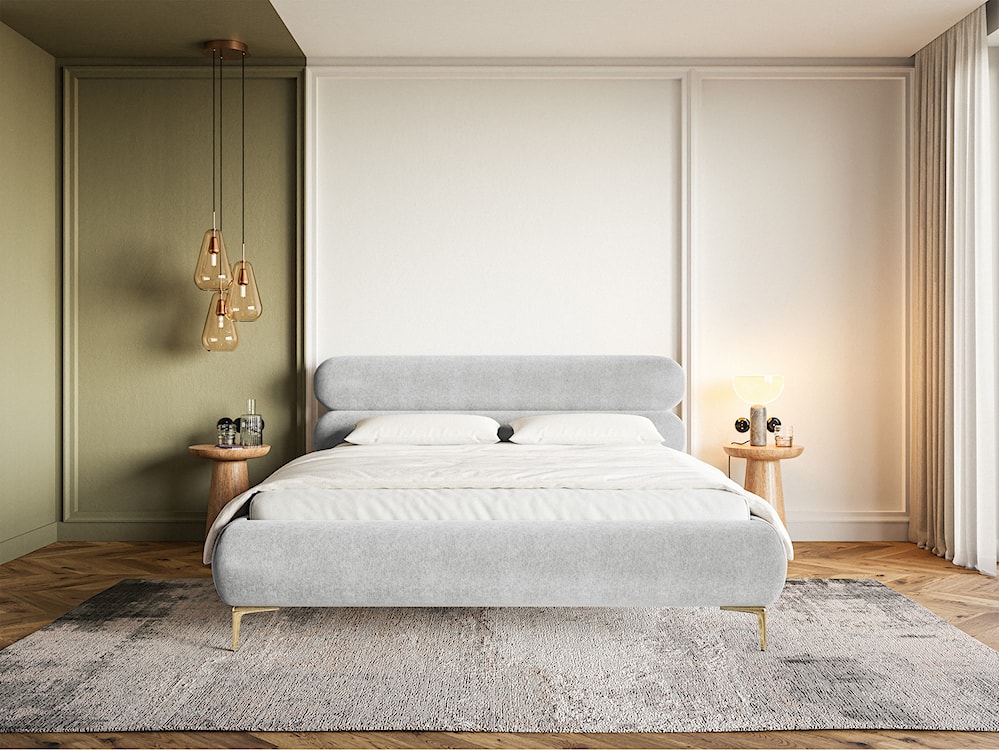 Łóżko tapicerowane 160x200 cm Roule jasnoszare welur hydrofobowy nóżki złote  - zdjęcie 2