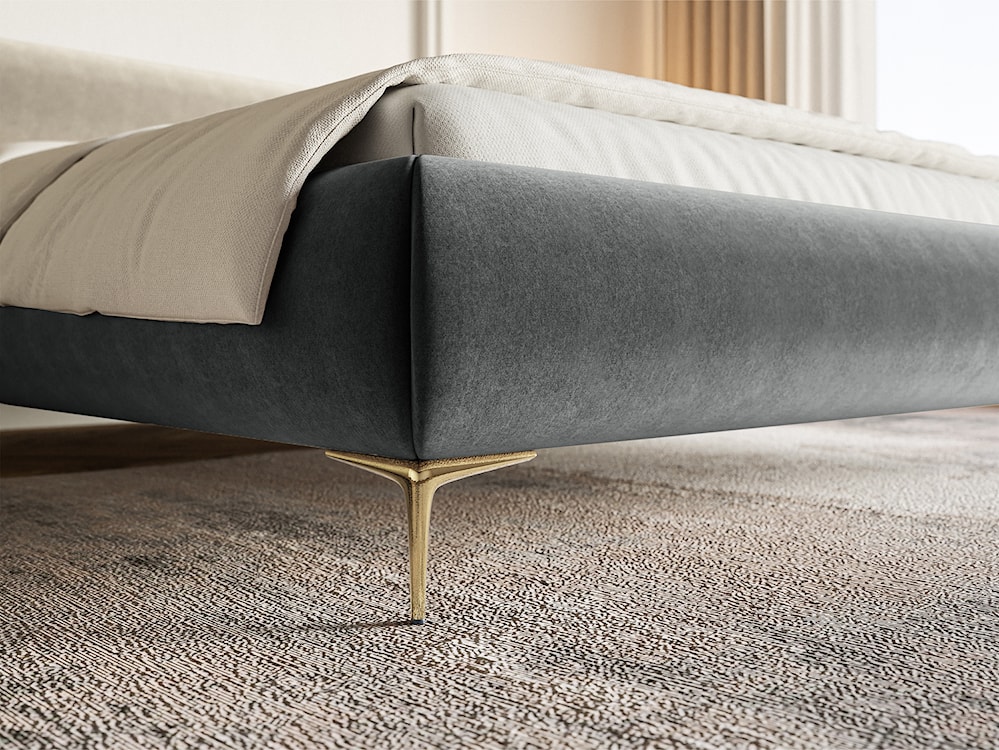 Łóżko tapicerowane 180x200 cm Roule z pojemnikiem stelaż metalowy szare welur hydrofobowy nóżki złote  - zdjęcie 4