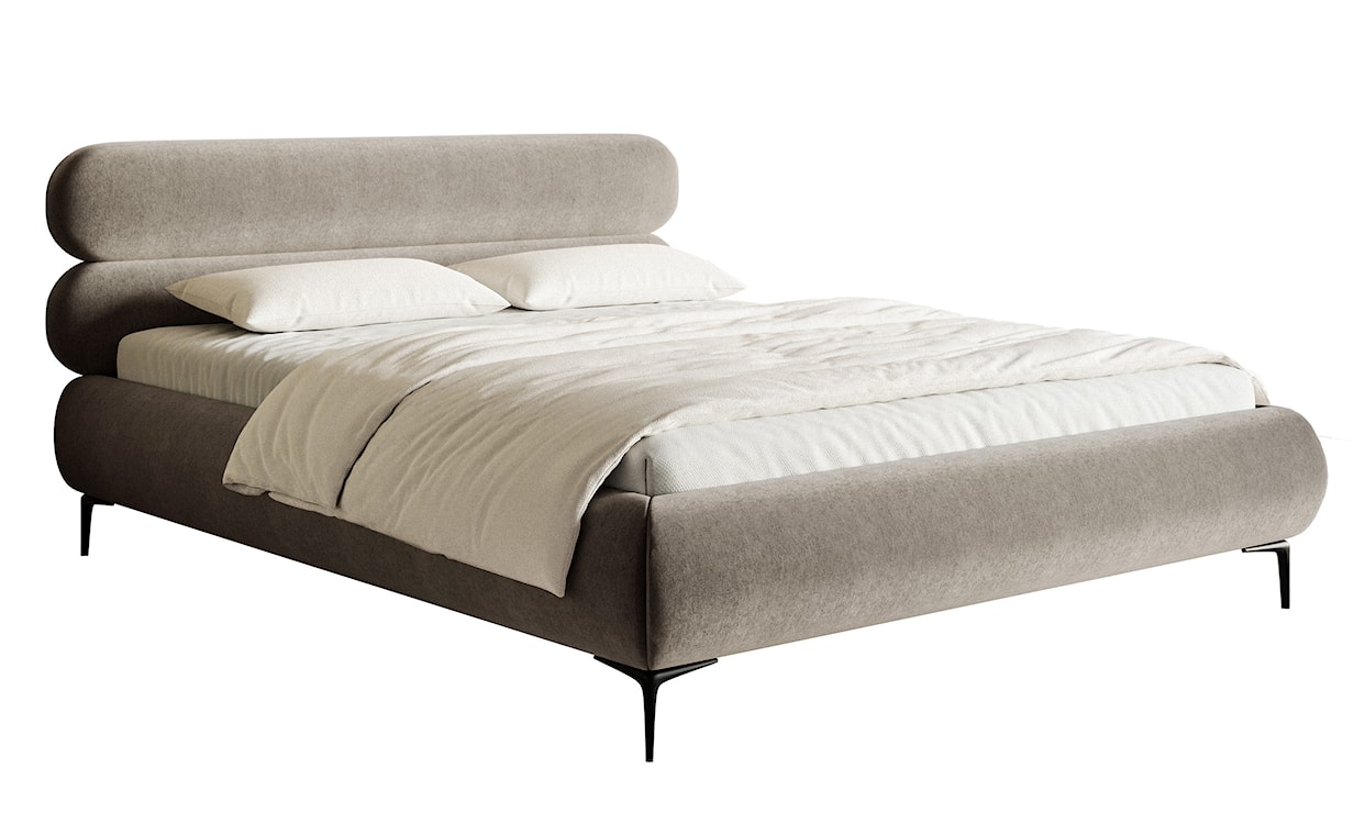 Łóżko tapicerowane 160x200 cm Roule z pojemnikiem stelaż metalowy szarobeżowe welur hydrofobowy nóżki czarne 
