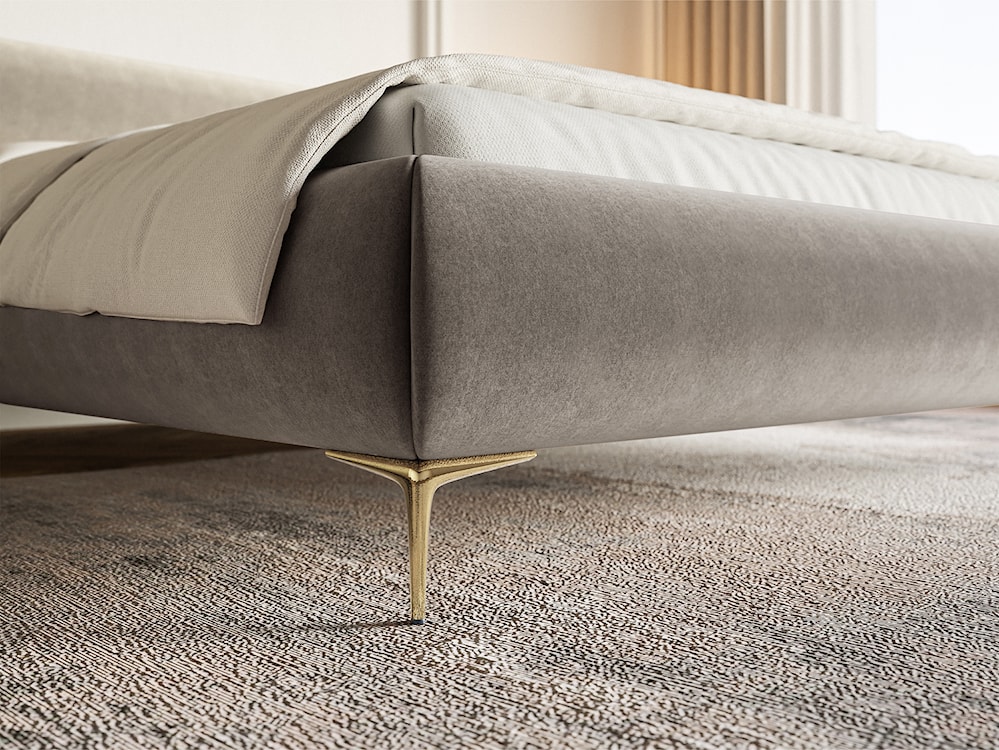 Łóżko tapicerowane 180x200 cm Roule z pojemnikiem stelaż metalowy szarobeżowe welur hydrofobowy nóżki złote  - zdjęcie 4