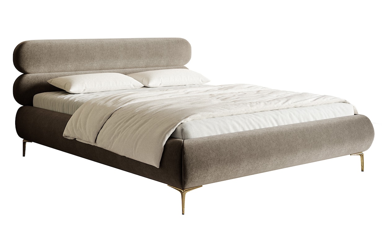 Łóżko tapicerowane 140x200 cm Roule z pojemnikiem stelaż metalowy szarobeżowe welur hydrofobowy nóżki złote 