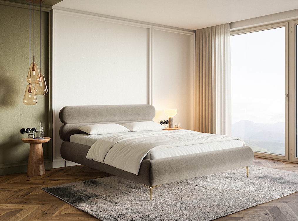 Łóżko tapicerowane 180x200 cm Roule szarobeżowe welur hydrofobowy nóżki złote  - zdjęcie 3