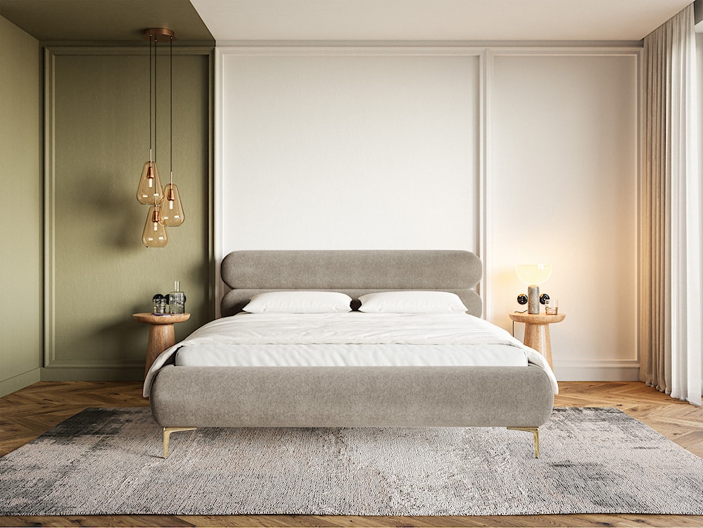 Łóżko tapicerowane 160x200 cm Roule szarobeżowe welur hydrofobowy nóżki złote  - zdjęcie 2