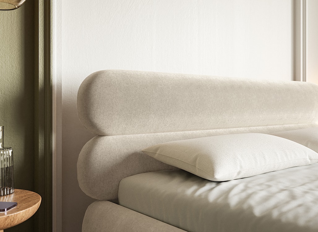 Łóżko tapicerowane 140x200 cm Roule jasnobeżowe welur hydrofobowy nóżki złote  - zdjęcie 5
