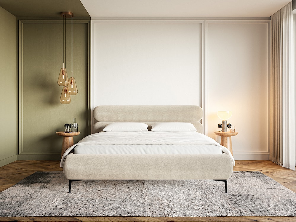 Łóżko tapicerowane 160x200 cm Roule z pojemnikiem stelaż metalowy jasnobeżowe welur hydrofobowy nóżki czarne  - zdjęcie 2