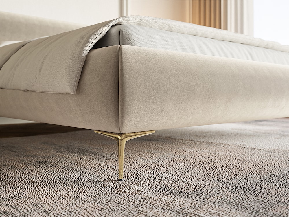 Łóżko tapicerowane 140x200 cm Roule z pojemnikiem stelaż metalowy jasnobeżowe welur hydrofobowy nóżki złote  - zdjęcie 4