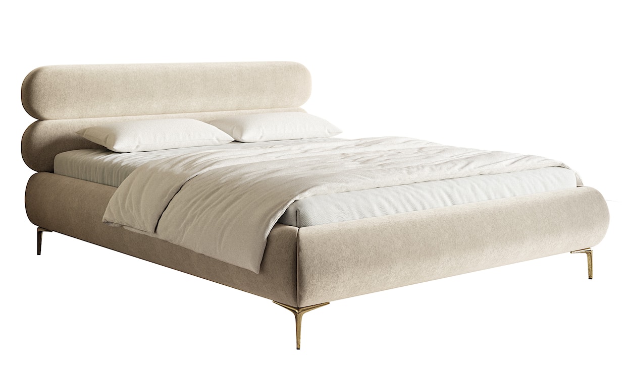 Łóżko tapicerowane 160x200 cm Roule z pojemnikiem stelaż metalowy jasnobeżowe welur hydrofobowy nóżki złote