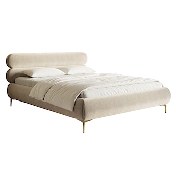 Łóżko tapicerowane 180x200 cm Roule z pojemnikiem stelaż metalowy jasnobeżowe welur hydrofobowy nóżki złote