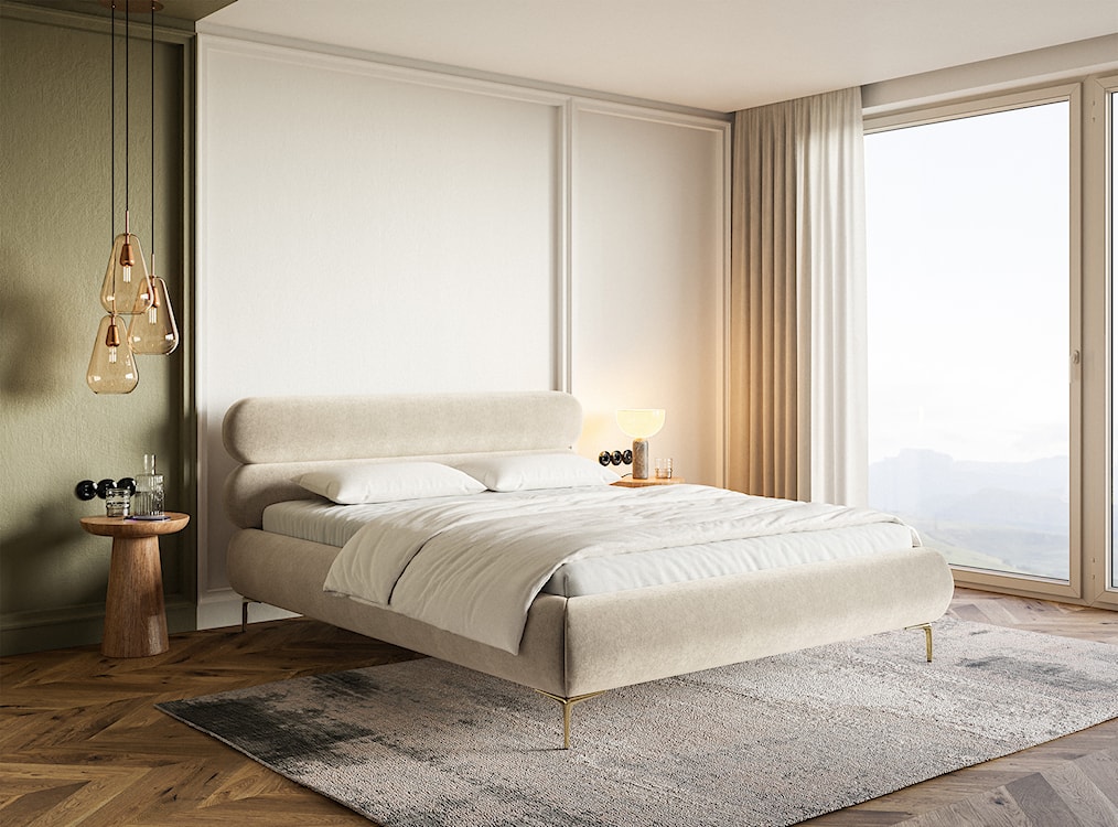 Łóżko tapicerowane 180x200 cm Roule z pojemnikiem stelaż metalowy jasnobeżowe welur hydrofobowy nóżki złote  - zdjęcie 3
