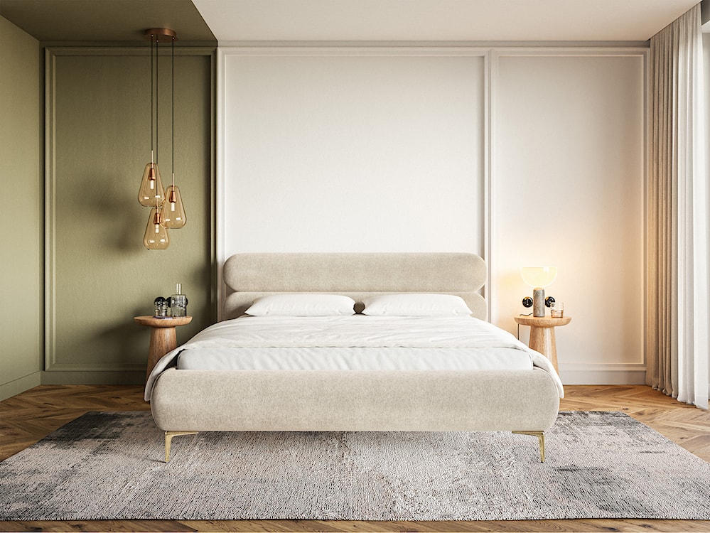 Łóżko tapicerowane 140x200 cm Roule z pojemnikiem stelaż metalowy jasnobeżowe welur hydrofobowy nóżki złote  - zdjęcie 2