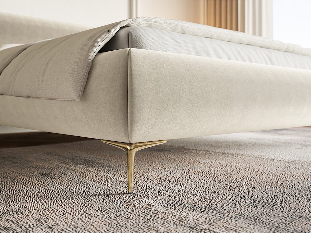 Łóżko tapicerowane 140x200 cm Roule z pojemnikiem stelaż metalowy kremowe welur hydrofobowy nóżki złote  - zdjęcie 4