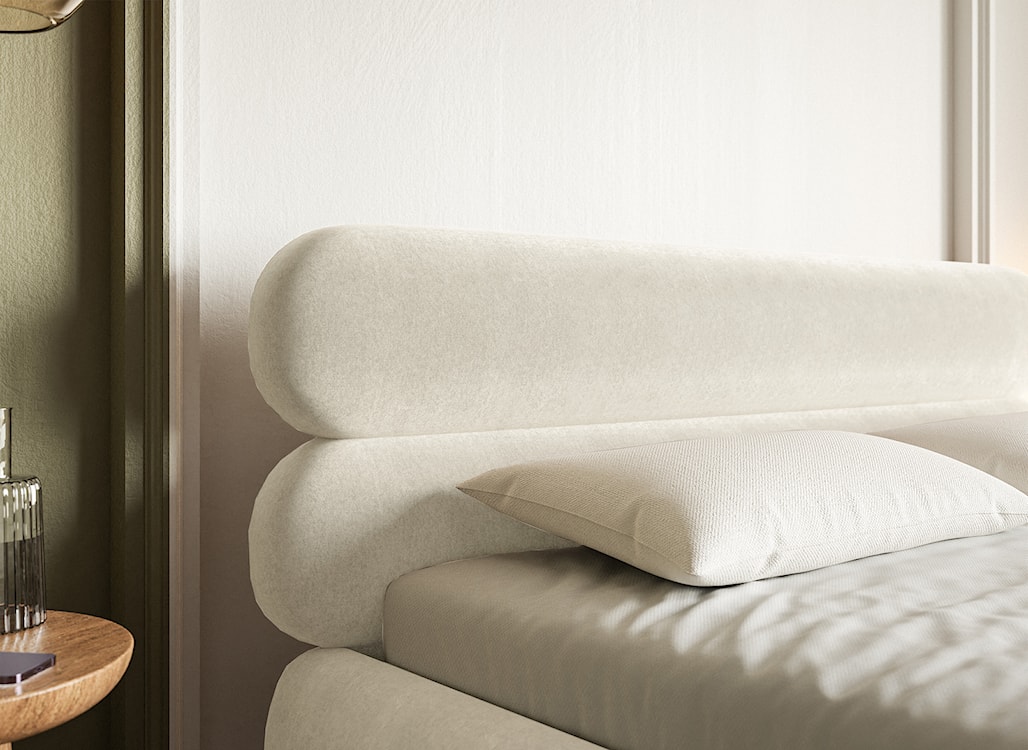 Łóżko tapicerowane 140x200 cm Roule kremowe welur hydrofobowy nóżki złote  - zdjęcie 5