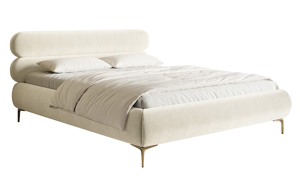 Łóżko tapicerowane 160x200 cm Roule z pojemnikiem stelaż metalowy kremowe welur hydrofobowy nóżki złote 