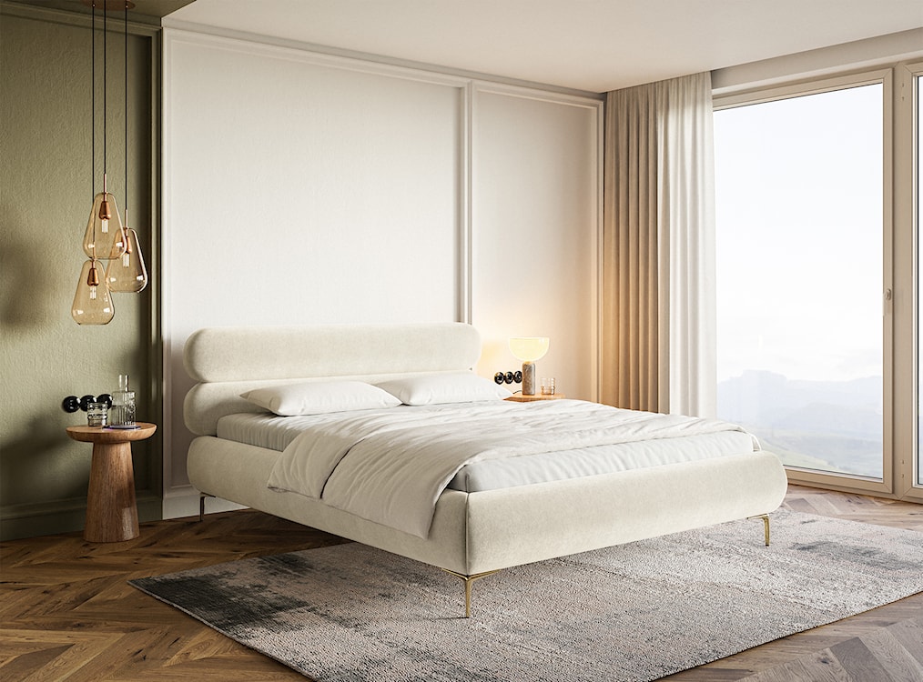Łóżko tapicerowane 180x200 cm Roule kremowe welur hydrofobowy nóżki złote  - zdjęcie 3