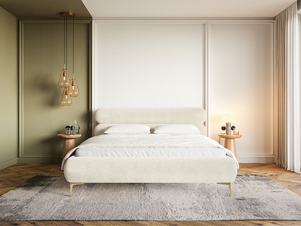Łóżko tapicerowane 160x200 cm Roule kremowe welur hydrofobowy nóżki złote  - zdjęcie 2