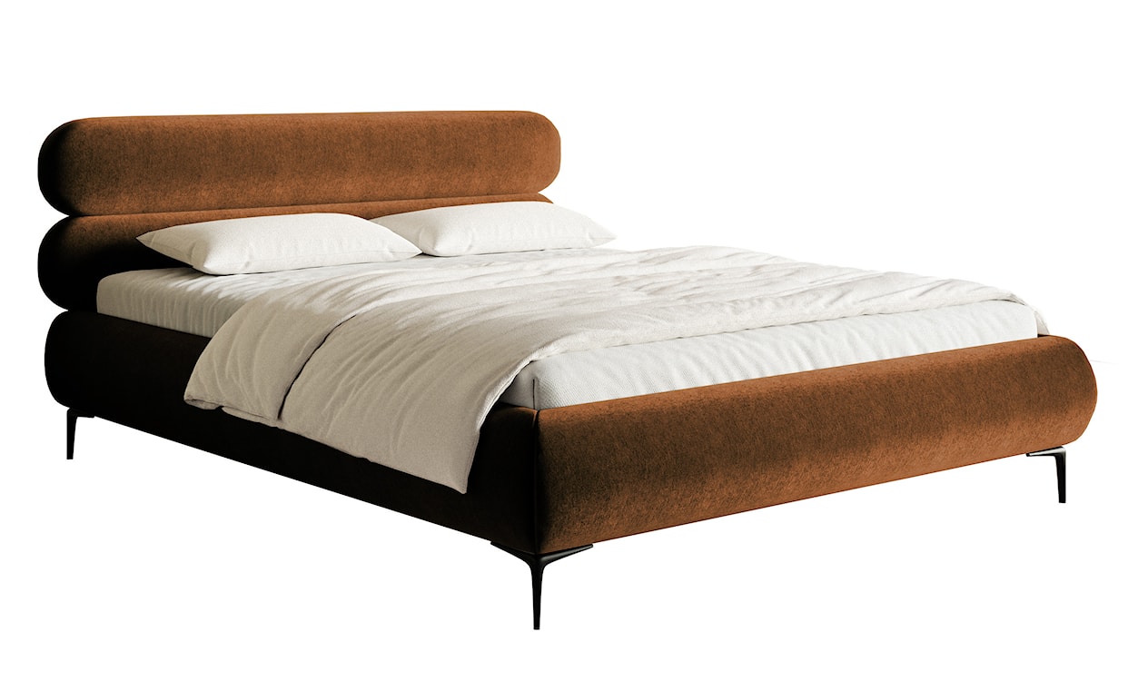 Łóżko tapicerowane 160x200 cm Roule z pojemnikiem stelaż metalowy miedziane welur hydrofobowy nóżki czarne 