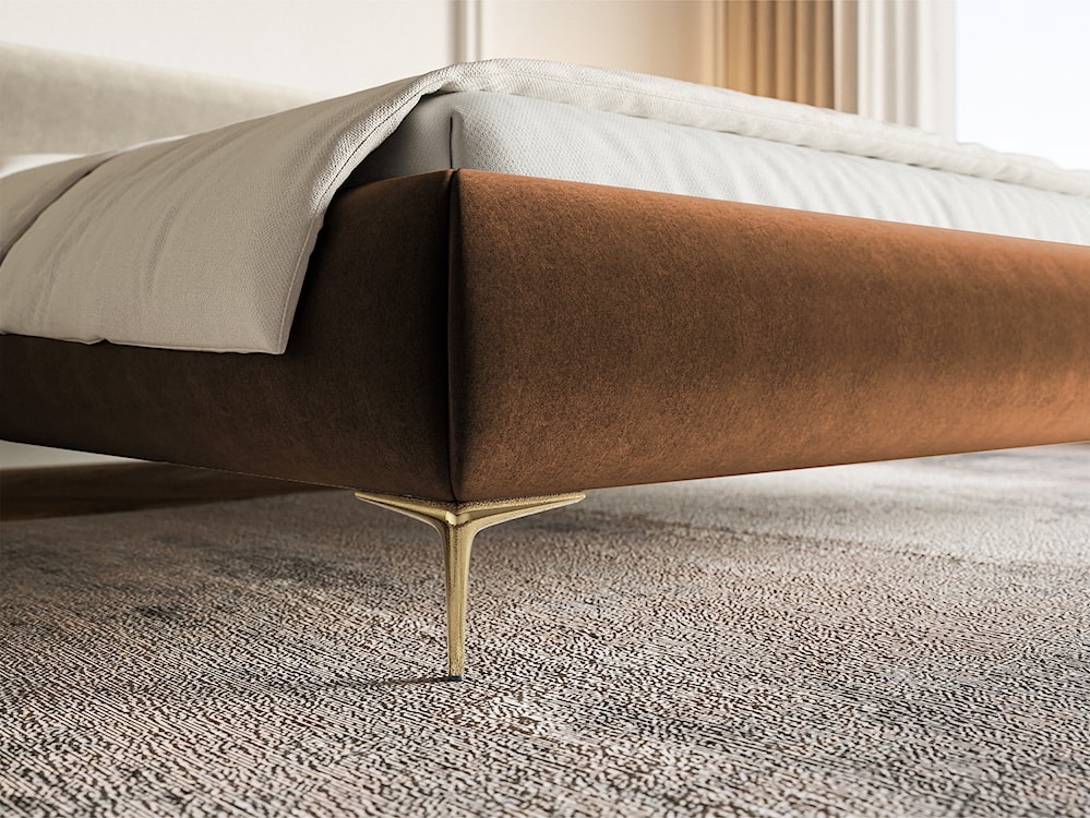 Łóżko tapicerowane 160x200 cm Roule z pojemnikiem stelaż metalowy miedziane welur hydrofobowy nóżki złote  - zdjęcie 4