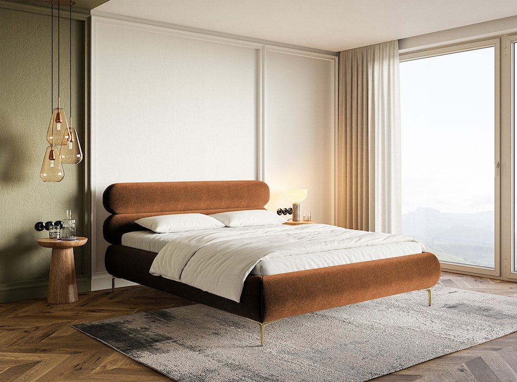 Łóżko tapicerowane 180x200 cm Roule miedziane welur hydrofobowy nóżki złote  - zdjęcie 3