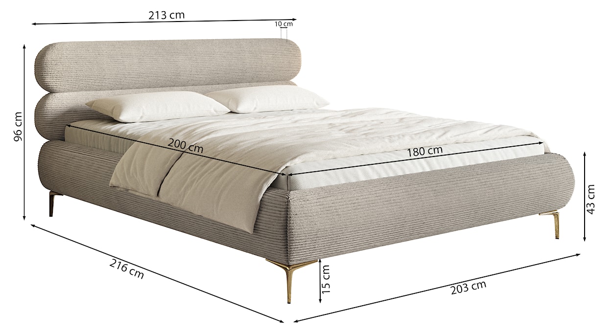 Łóżko tapicerowane 180x200 cm Roule Cord jasnobeżowe sztruks nóżki złote  - zdjęcie 8