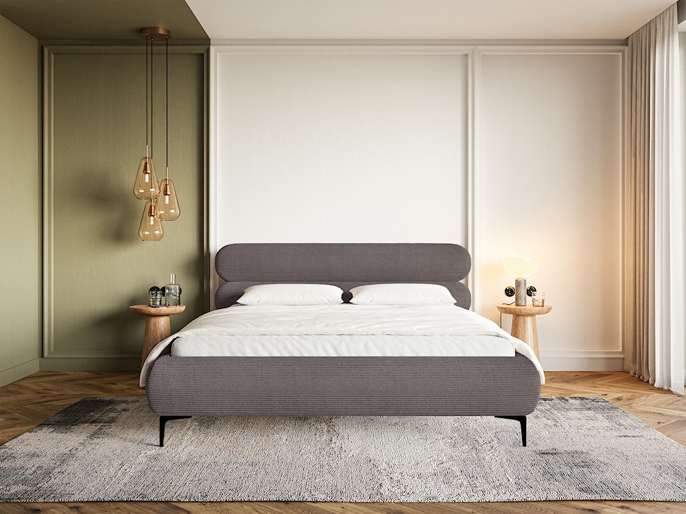 Łóżko tapicerowane 140x200 cm Roule Cord brązowe sztruks nóżki czarne  - zdjęcie 3