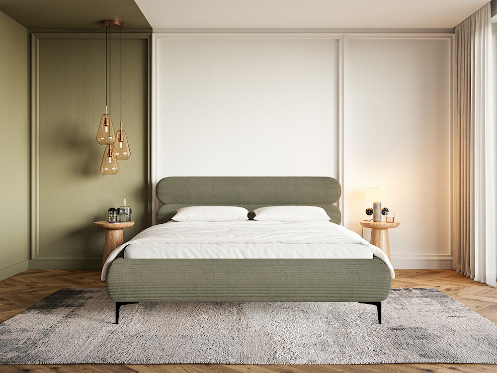 Łóżko tapicerowane 180x200 cm Roule Cord z pojemnikiem stelaż metalowy oliwkowe sztruks nóżki czarne  - zdjęcie 3