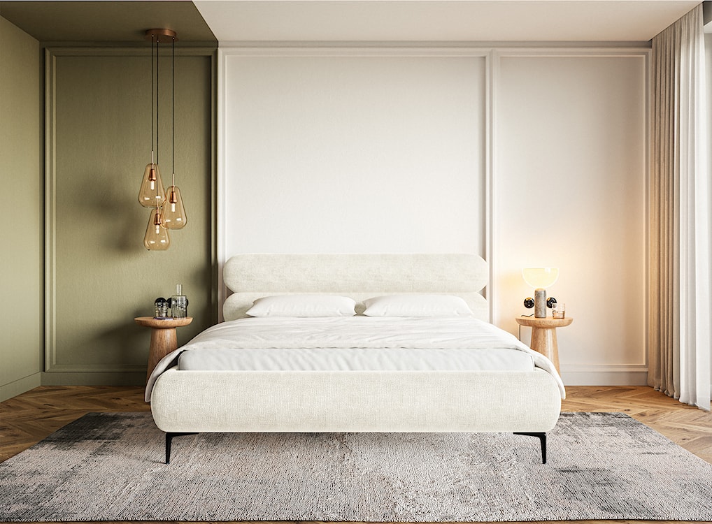 Łóżko tapicerowane 160x200 cm Roule z pojemnikiem stelaż metalowy kremowe szenil nóżki czarne  - zdjęcie 2
