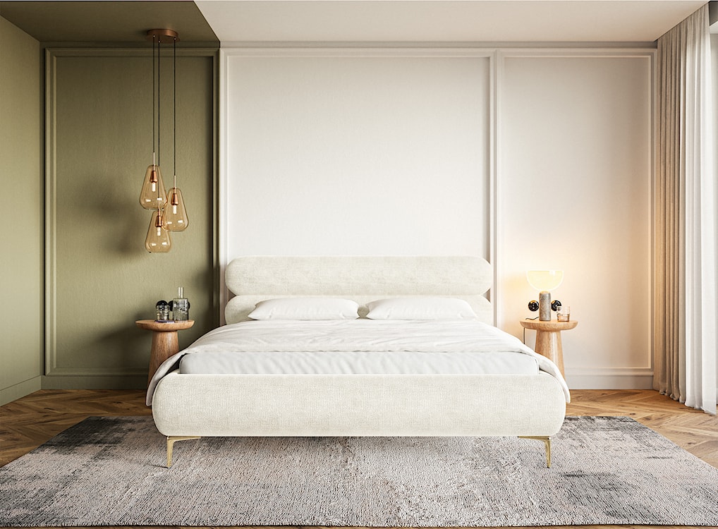 Łóżko tapicerowane 160x200 cm Roule z pojemnikiem stelaż metalowy kremowe szenil nóżki złote  - zdjęcie 2