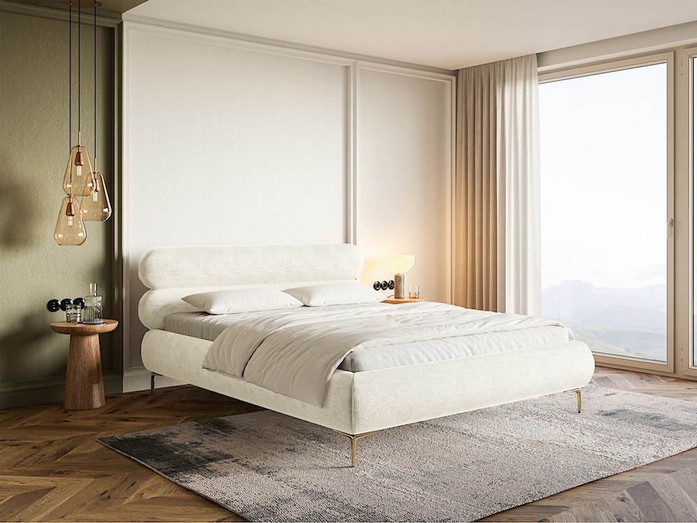 Łóżko tapicerowane 160x200 cm Roule kremowe szenil nóżki złote  - zdjęcie 3