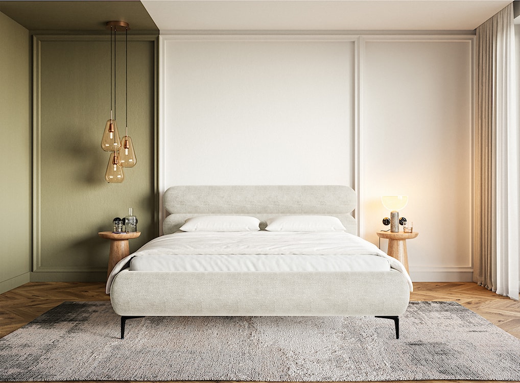 Łóżko tapicerowane 160x200 cm Roule z pojemnikiem stelaż metalowy szarobeżowe szenil nóżki czarne  - zdjęcie 2