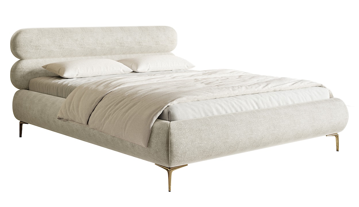 Łóżko tapicerowane 180x200 cm Roule z pojemnikiem stelaż metalowy szarobeżowe szenil nóżki złote