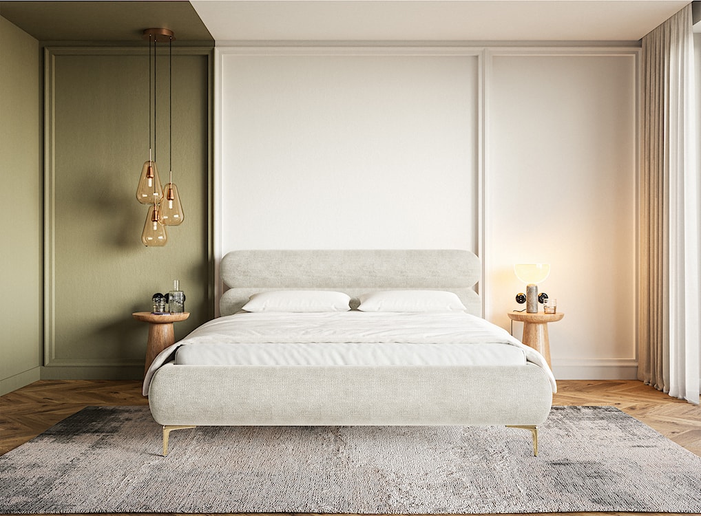 Łóżko tapicerowane 160x200 cm Roule z pojemnikiem stelaż metalowy szarobeżowe szenil nóżki złote  - zdjęcie 2