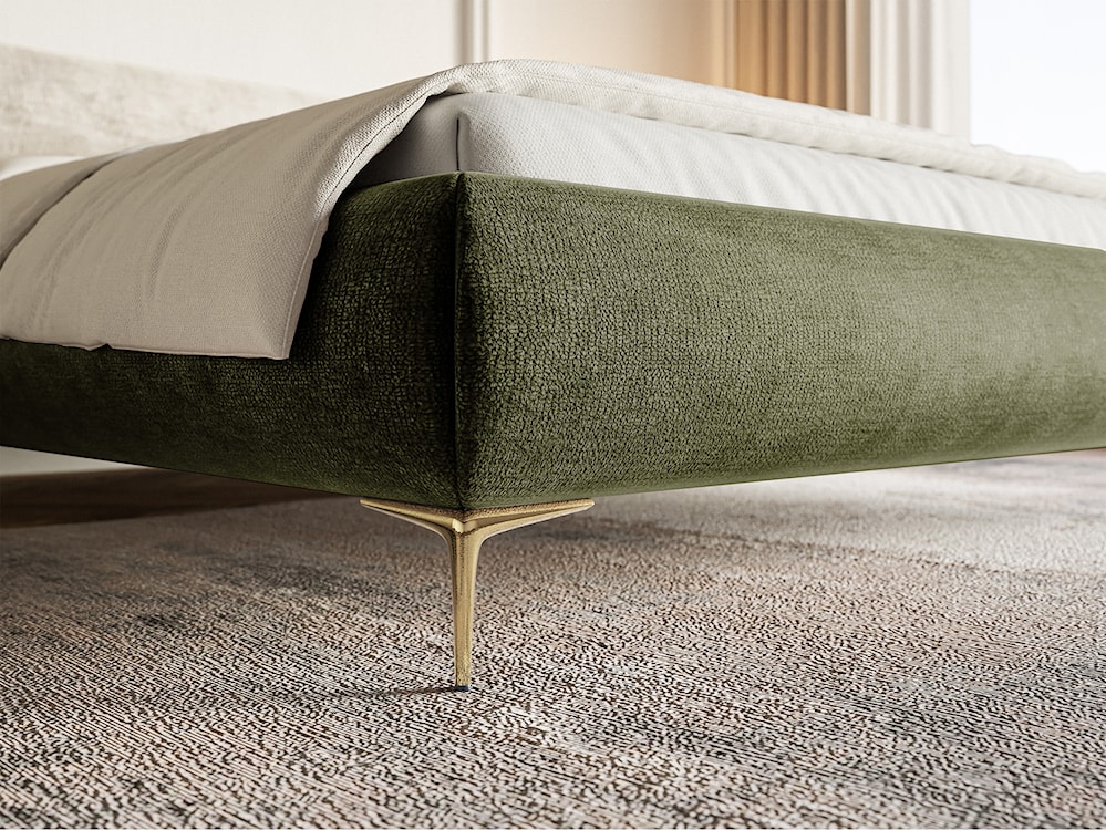 Łóżko tapicerowane 140x200 cm Roule z pojemnikiem stelaż metalowy oliwkowe szenil nóżki złote  - zdjęcie 4