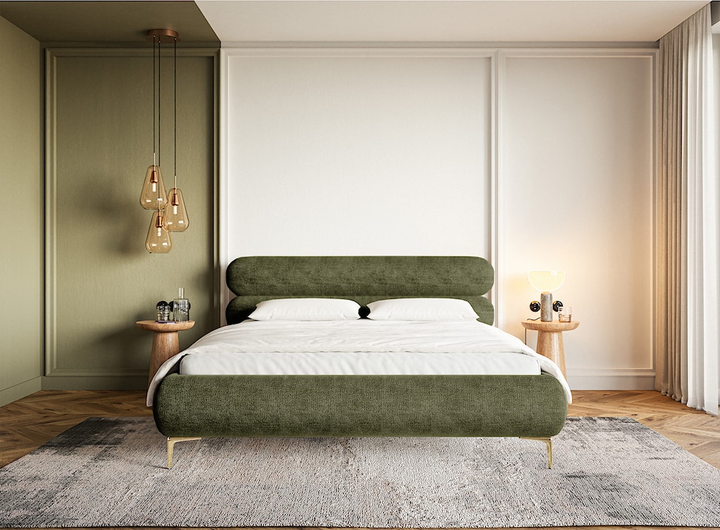 Łóżko tapicerowane 160x200 cm Roule oliwkowe szenil nóżki złote  - zdjęcie 2