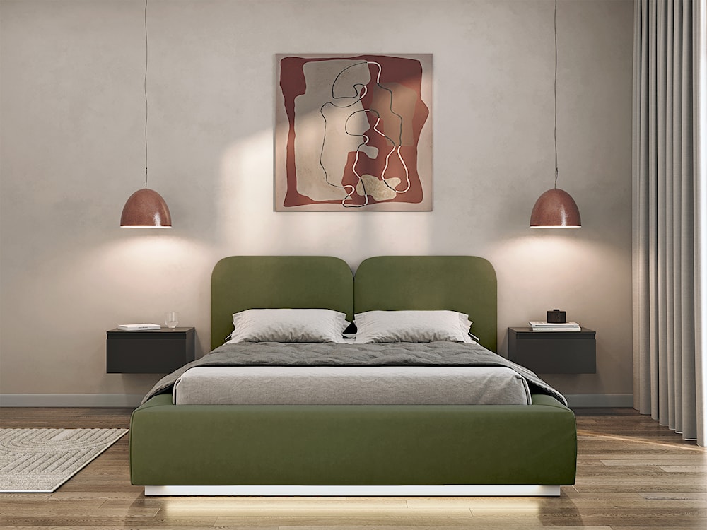 Łóżko tapicerowane 140x200 cm Comoves z pojemnikiem i oświetleniem LED stelaż metalowy oliwkowe welur  - zdjęcie 3