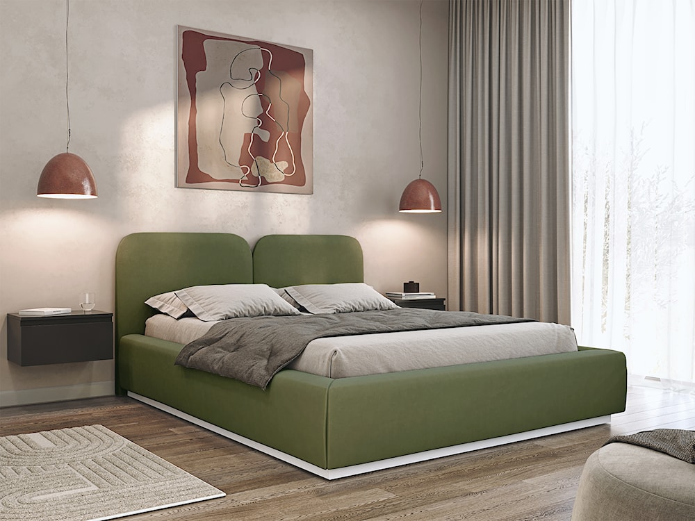 Łóżko tapicerowane 160x200 cm Comoves z pojemnikiem stelaż metalowy oliwkowe welur  - zdjęcie 2