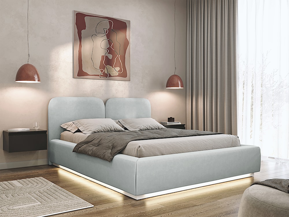 Łóżko tapicerowane 160x200 cm Comoves z pojemnikiem i oświetleniem LED stelaż metalowy jasnoszare welur  - zdjęcie 2