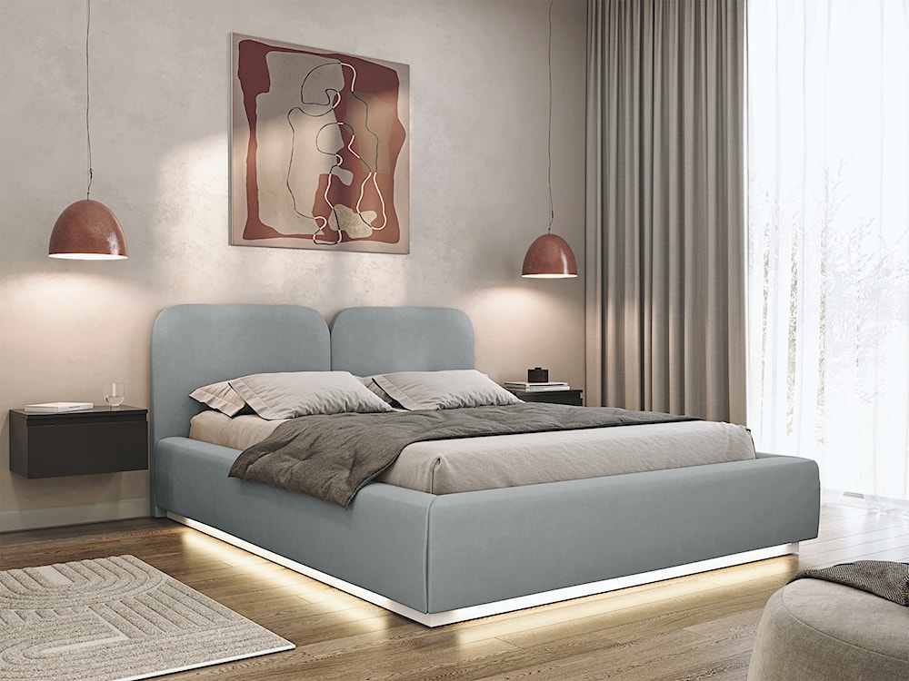 Łóżko tapicerowane 140x200 cm Comoves z pojemnikiem i oświetleniem LED stelaż metalowy szare welur  - zdjęcie 2