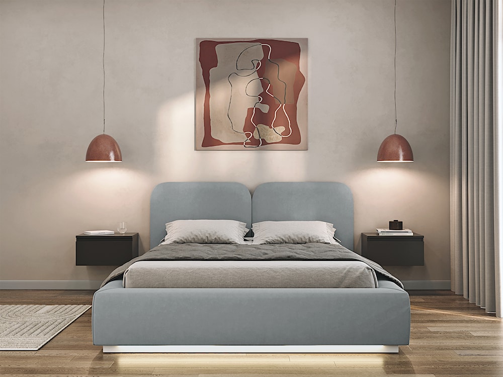 Łóżko tapicerowane 140x200 cm Comoves z pojemnikiem i oświetleniem LED stelaż metalowy szare welur  - zdjęcie 3