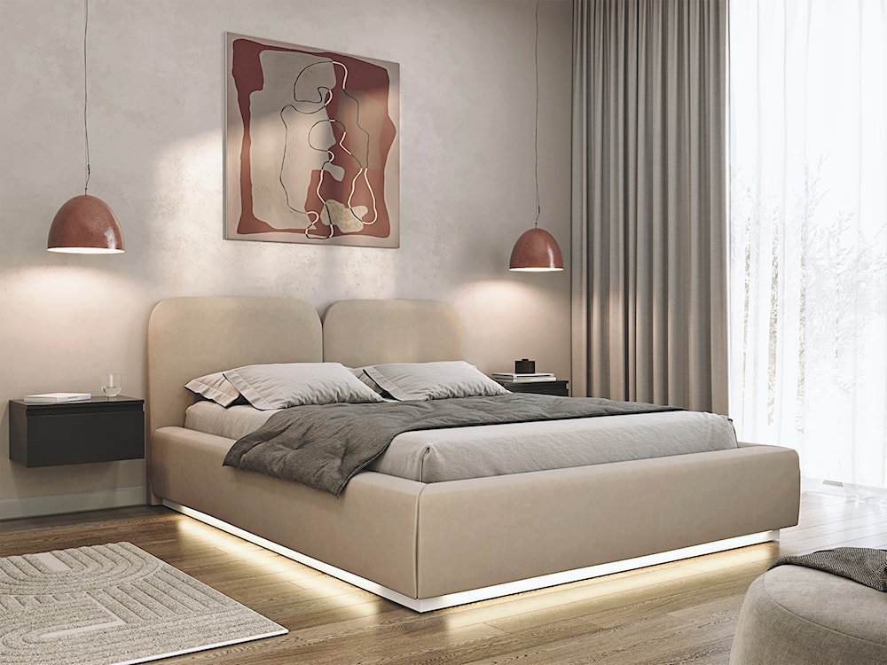 Łóżko tapicerowane 160x200 cm Comoves z oświetleniem LED jasnobeżowe welur  - zdjęcie 2