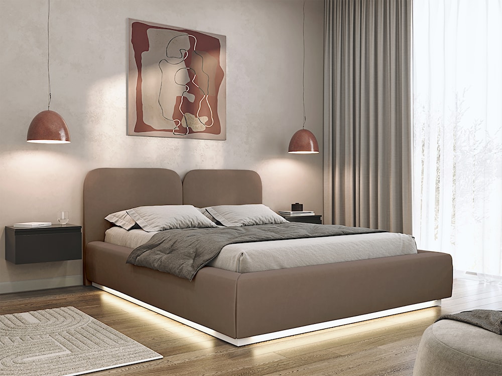 Łóżko tapicerowane 140x200 cm Comoves z oświetleniem LED brązowe welur  - zdjęcie 2